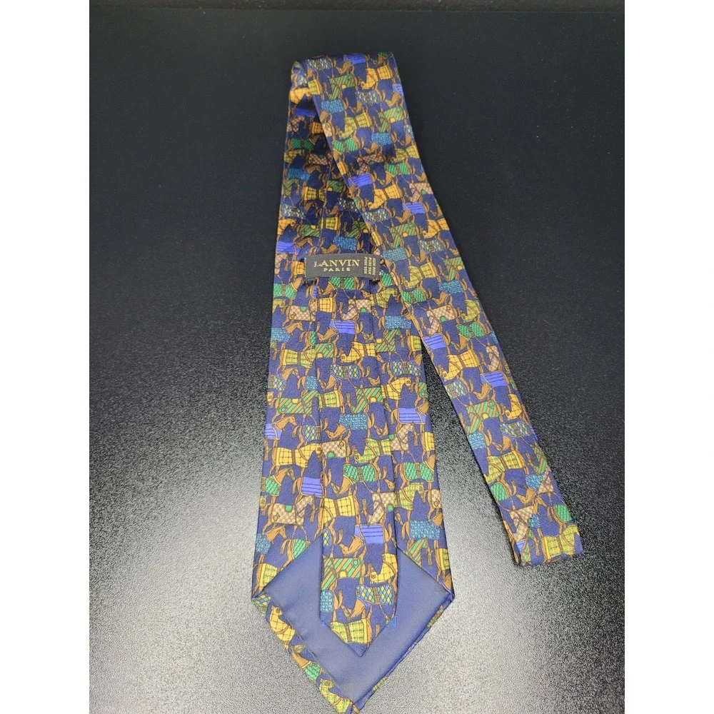 Lanvin Men's Necktie Blue Equestrian Horse Silk 3.5